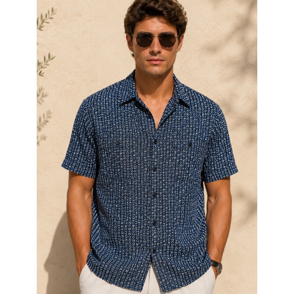 AllSaints Indiola Linen-Blend Short Sleeve Button Down‎ Shirt Blue Small
